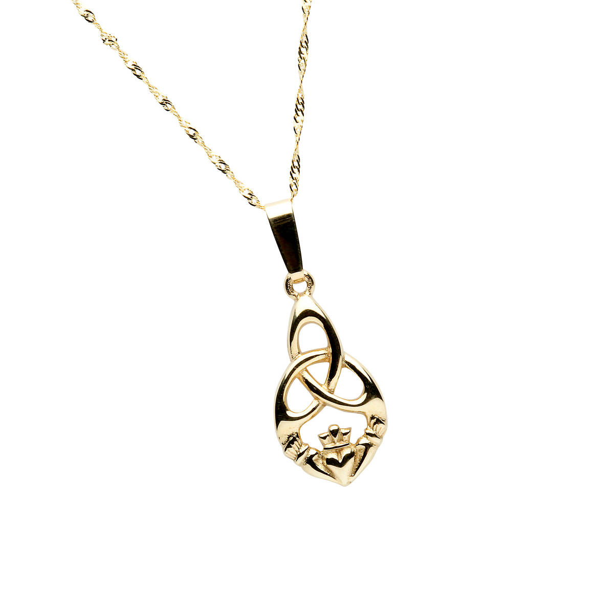 10 carat Yellow Gold Teardrop Claddagh Pendant With Trinity Knot Detail On 18"" Chain 18mx11m"