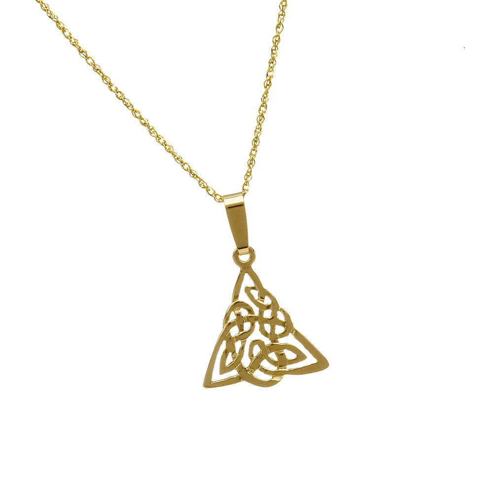 \n 10 carat yellow gold Celtic Knot triangular pendant.\n Beautifully filigreed piece of jewellery and also available in white or rose gold as you desire. Just leave a note of your preference in our comment box on checkout.