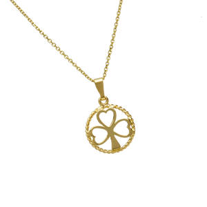 10 carat yellow gold open shamrock in circle pendant on 18\" chain.