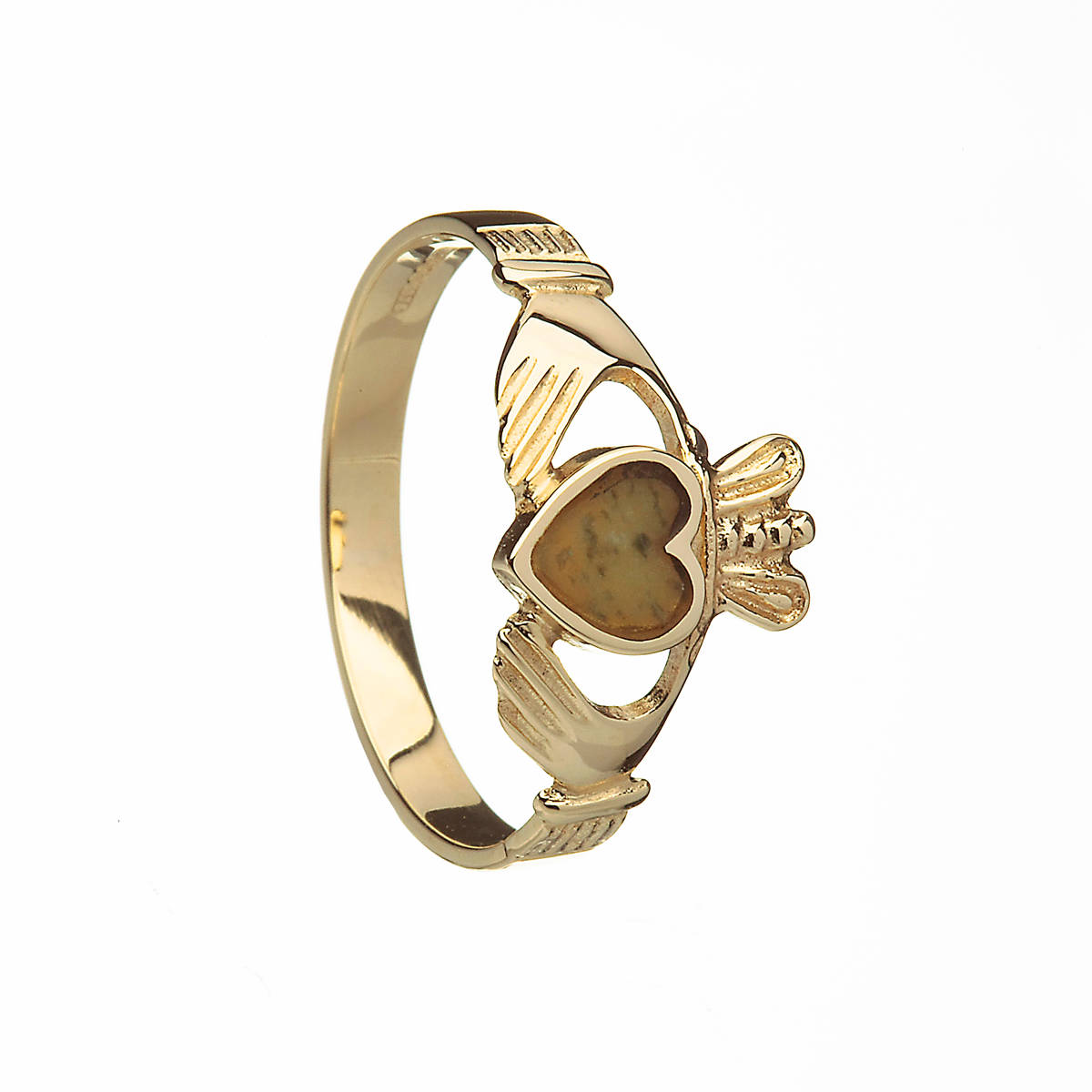 10 carat yellow gold ladies claddagh ring with Connemara Marble inset in the heart which is a unique marble only found in Connemara in the west of Ireland.