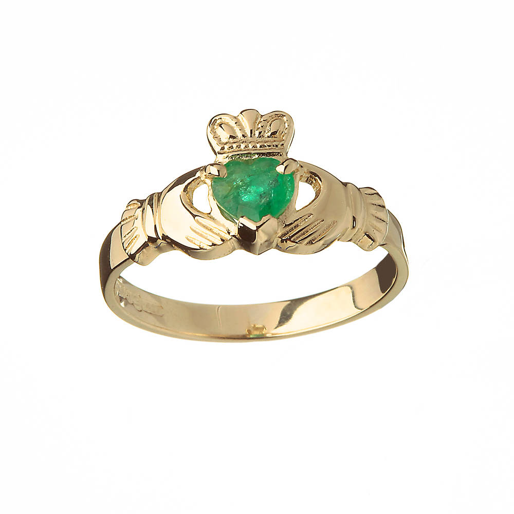 10 carat Yellow Gold Real Emerald Claddagh Ring