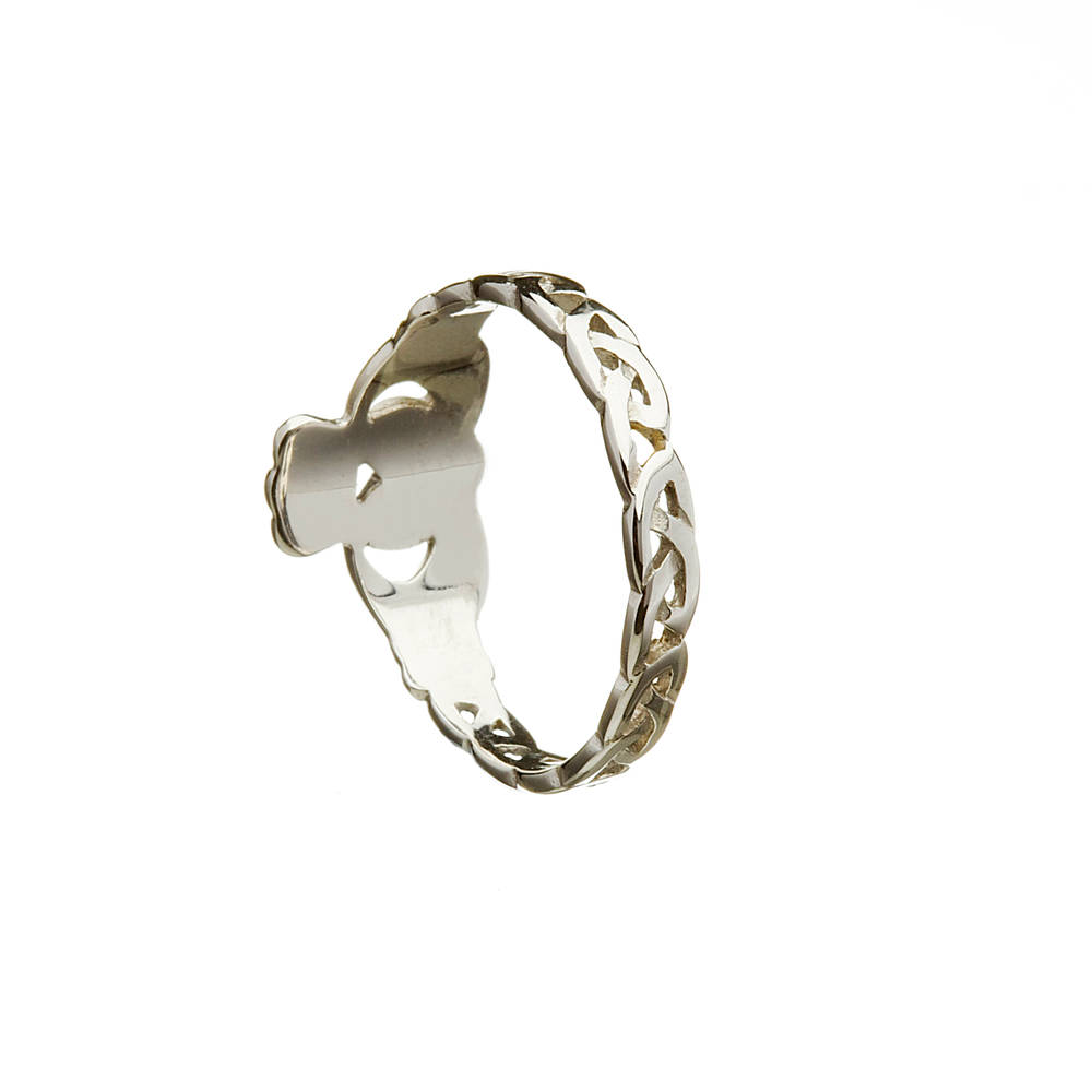beautiful 10 carat white gold claddagh &nbsp;ring with love knot shank.