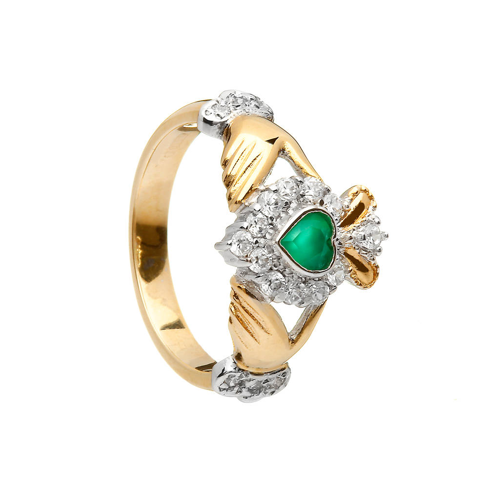 10 carat Yellow Gold Green Agate Claddagh Ring With Cubic Zirconia Stones