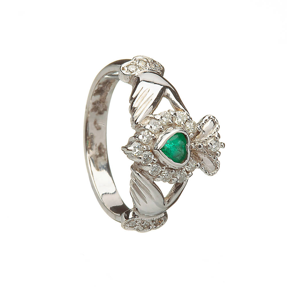 10ct W/gold Diamond & Emerald Claddagh Ring 13mm
Irish made diamond and emerald claddagh engagement ring in 10ct white gold
