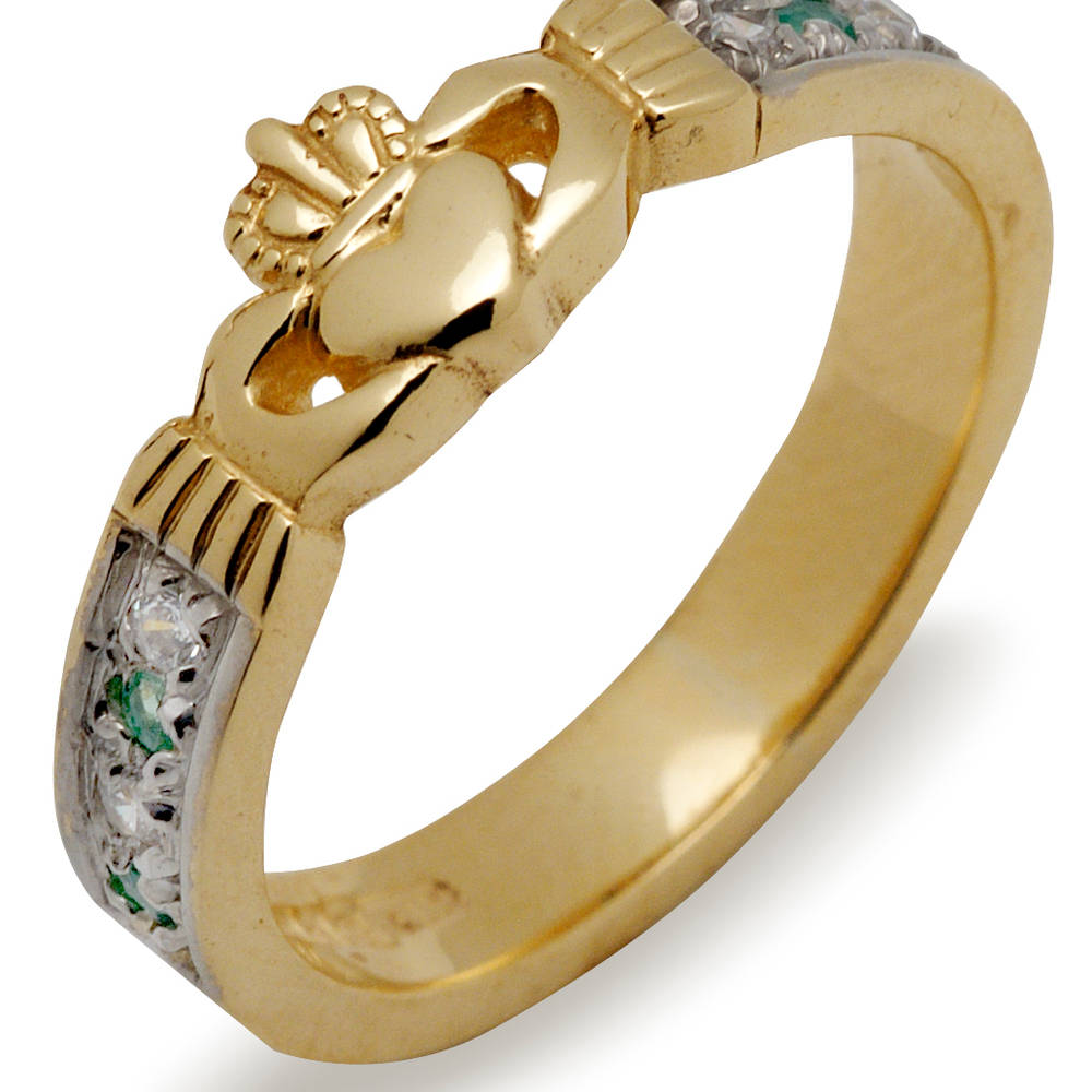 10 ct gold Claddagh/cz and emerald ring