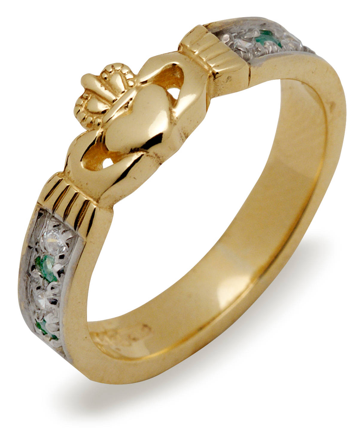 10 ct gold Claddagh/cz and emerald ring