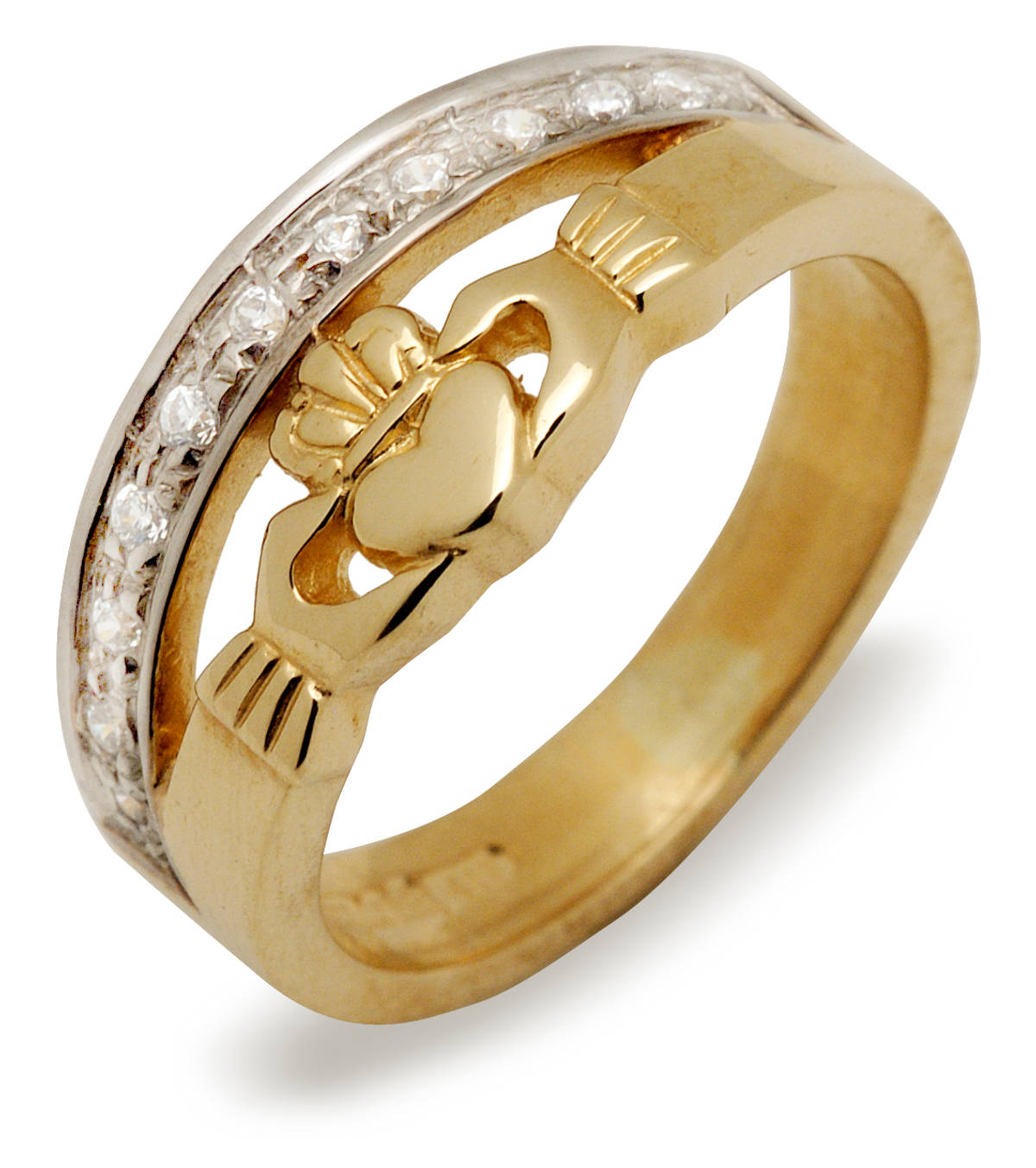 10 carat yellow gold cz Claddagh double band