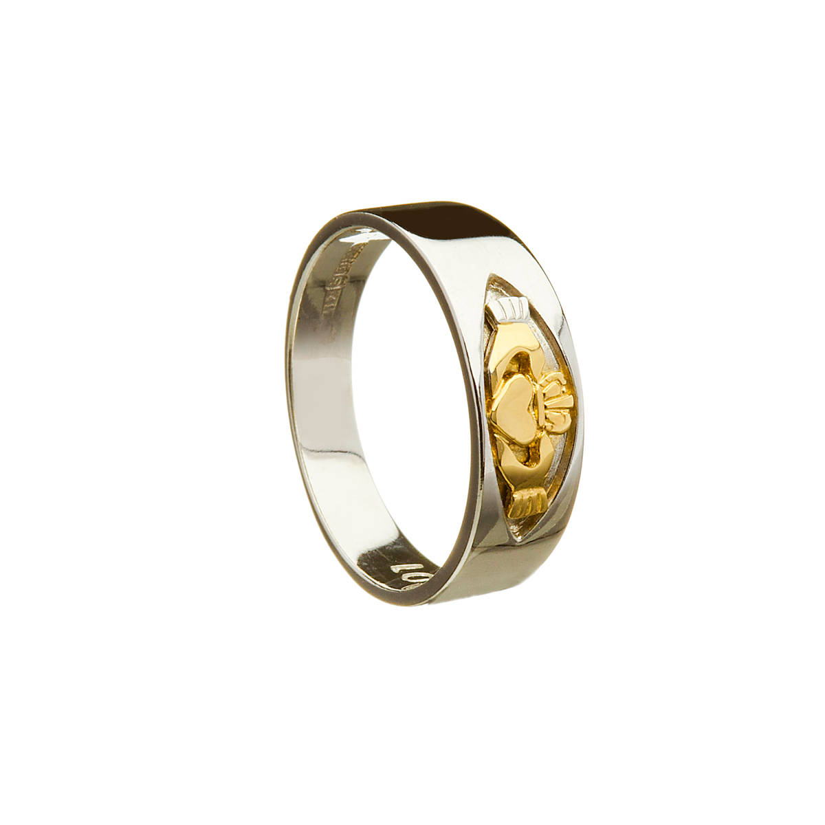 10ct W/gold Mans Band With Y/gold Claddagh Insert Claddagh Motto Engraved Inside  
10 carat white and yellow gold band with claddagh design in window in a very unique design.Very stylish and different and sure to be treasured.