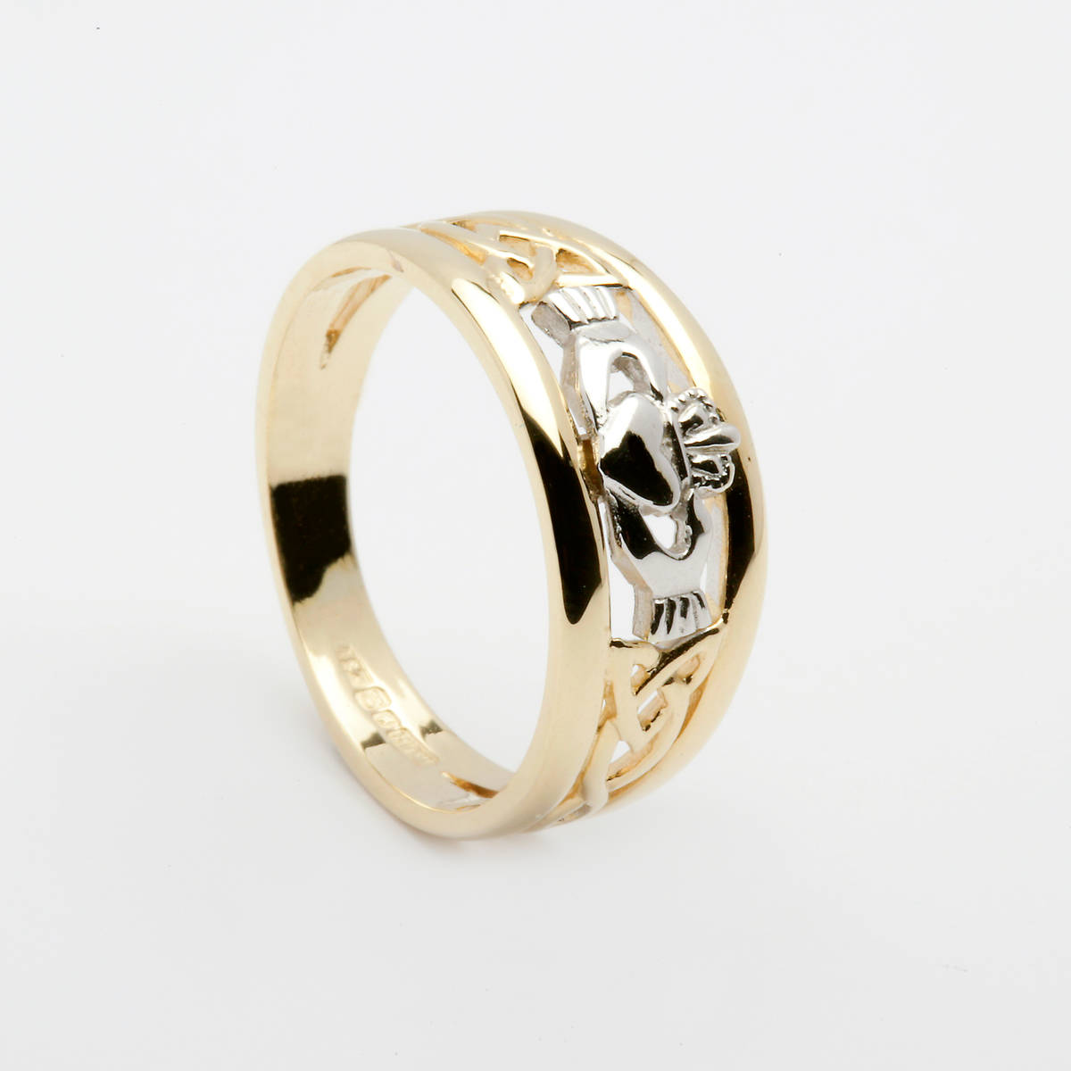 10ct yellow gold ladies ring with white gold Claddagh and open Trinity Knot design