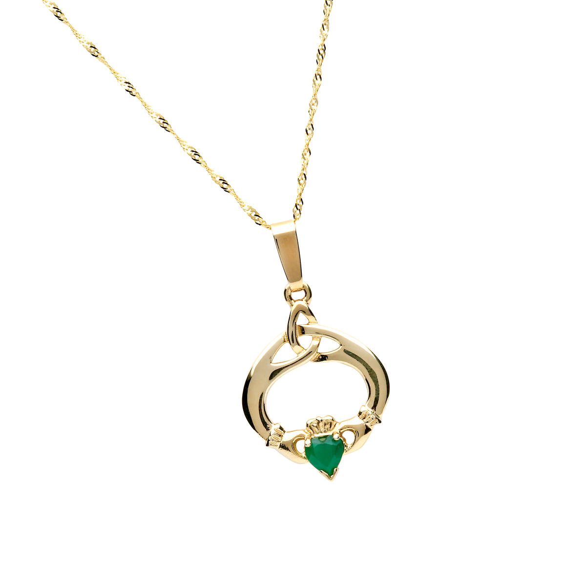 10ct Y/gold T/drop Claddagh Pendant & Trinity Knot Detail Green Agate Heart On 18"" Chain 17mx20m"   a beautiful representation of a claddagh with celtic trinity eternity knot for friendship and/or love