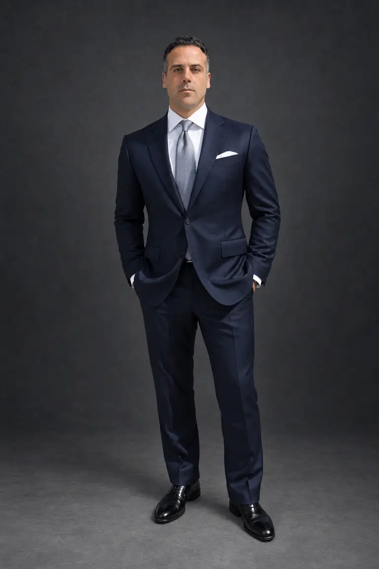 OJ Isak in a navy suit against a charcoal studio background