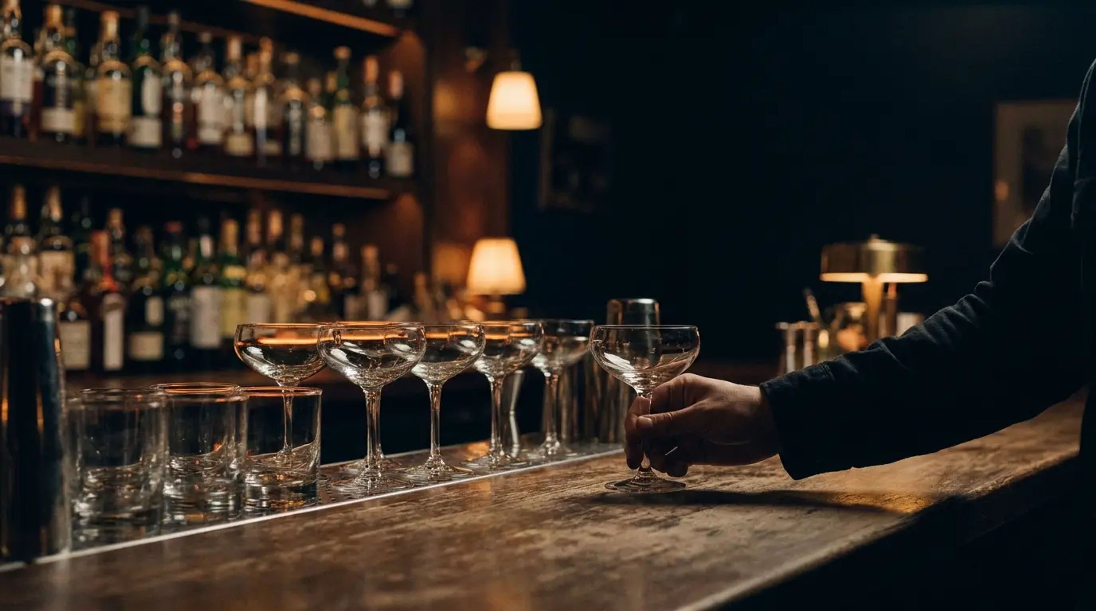 Coupe glasses lined along a bar counter, one being lifted, spirit bottles lit behind