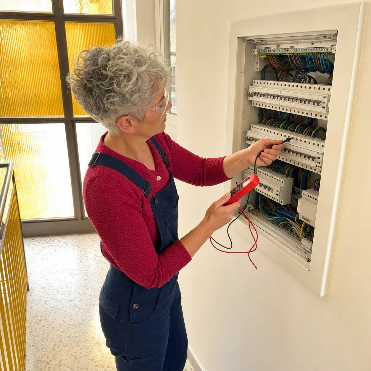 Électricienne contrôlant un tableau électrique avec un testeur