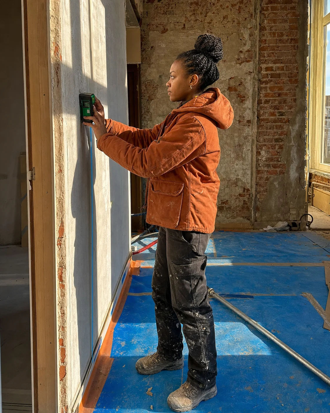 Cheffe de chantier utilisant un télémètre dans une maison en rénovation