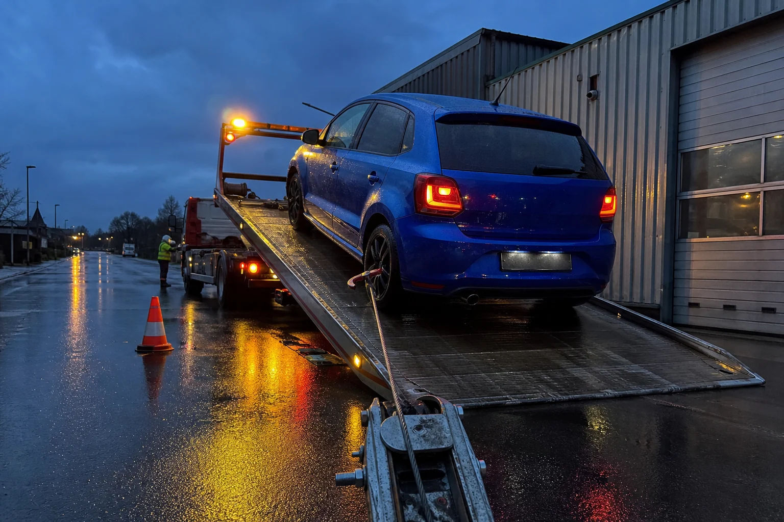 Voiture chargée sur une dépanneuse par temps de pluie au crépuscule