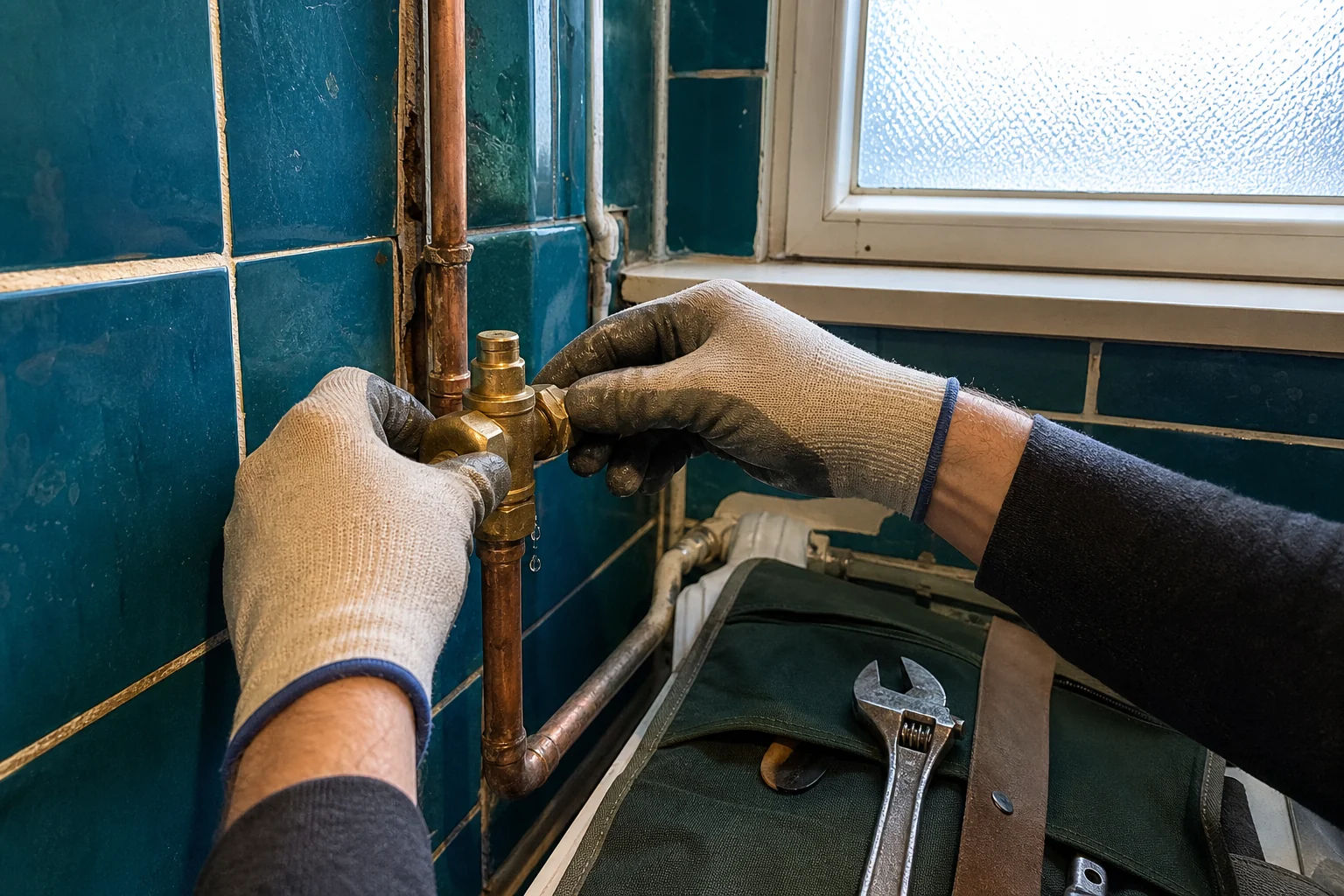 Plombier installant une vanne en laiton sur des tuyaux en cuivre