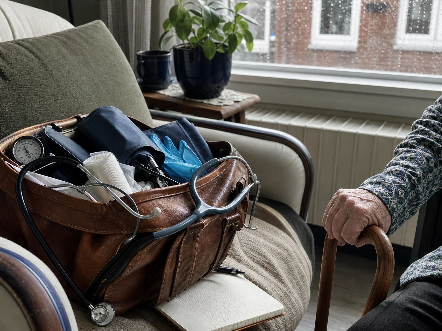 Sac de soins ouvert près de la main d'une patiente âgée à domicile