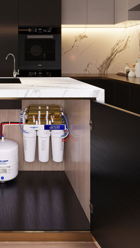 open kitchen cupboards with a 6 stage water filtration system inside