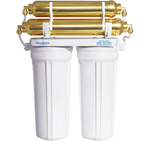 Quattro Under Sink gold water filter cartridge on a clear background