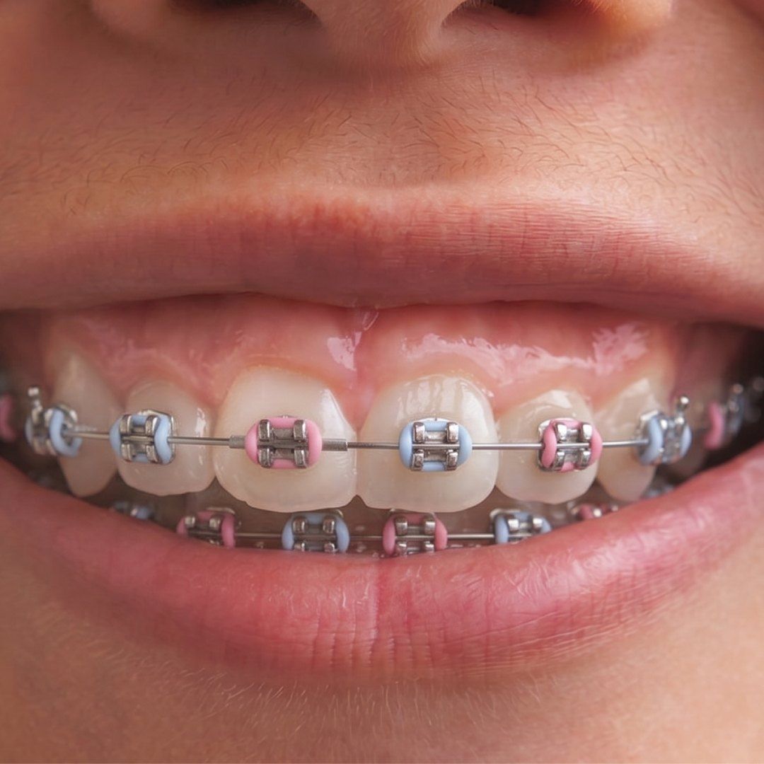 close up of metal braces on teeth