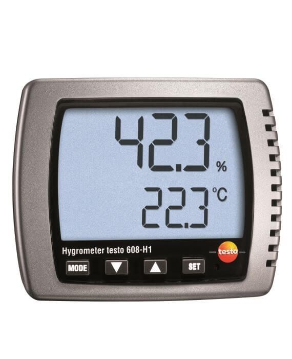 Display do testo 608-H1 exibindo 42,3 % de umidade e 22,3 °C, com as teclas MODE, seta para baixo, seta para cima e SET