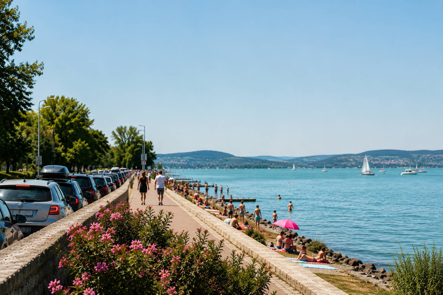 Balatoni nyaralás nyáron, sétány a vízpart mellett strandolókkal, parkoló autókkal és vitorlásokkal a tó partján