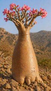 Socotra sziget palackfa a száraz, sziklás tájban, vastag törzzsel és vízraktározó formával
