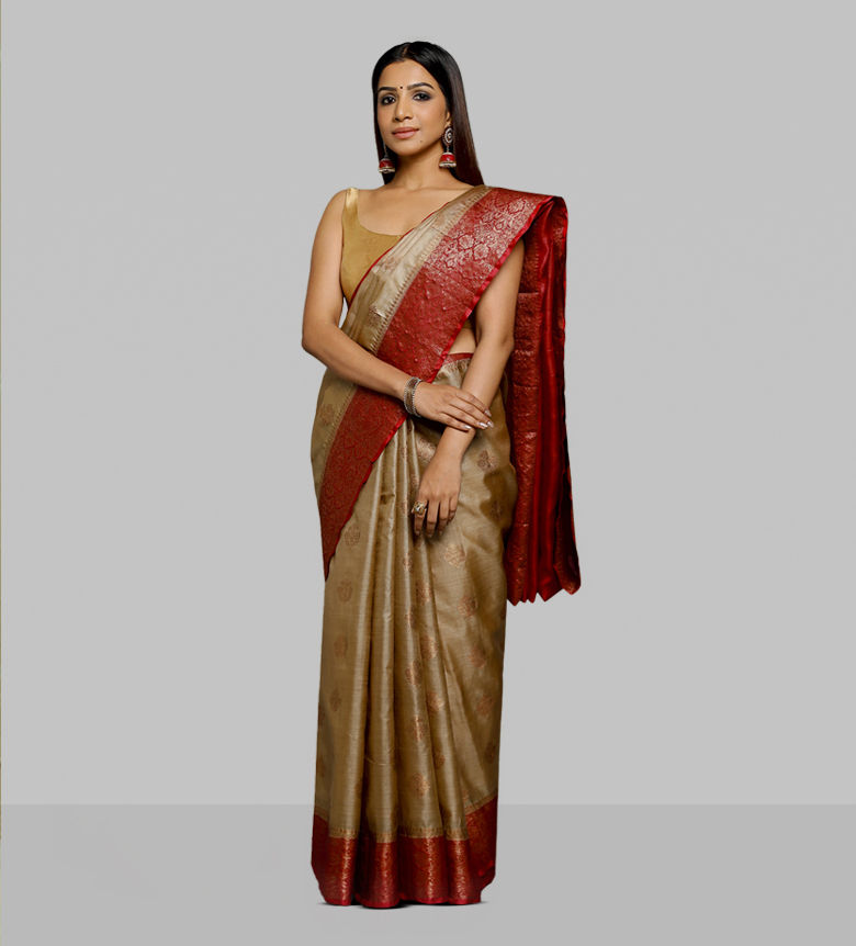 Pure Paper Tusser Contrast Red Zari Border