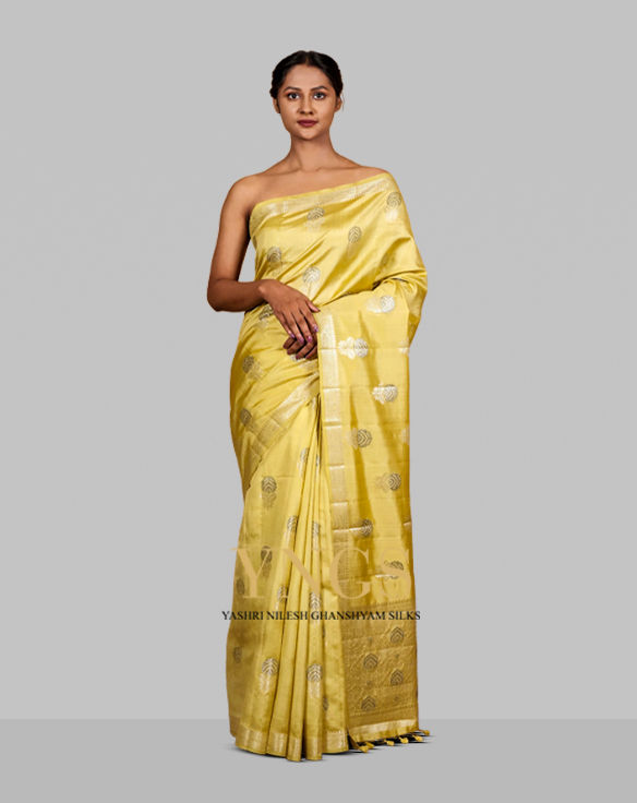 Chiniya Silk Lemon Colour With Allover Silver Zari  And Zari Buta Design