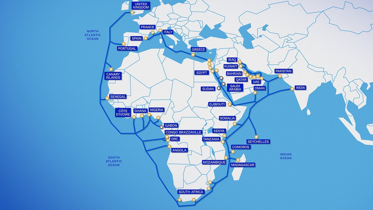 Le câble sous-marin 2Africa relie 3 continents et atterrit dans 33 pays, connectant plus de 3 milliards de personnes.