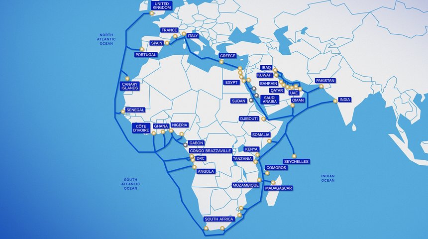 Le câble sous-marin 2Africa relie 3 continents et atterrit dans 33 pays, connectant plus de 3 milliards de personnes.