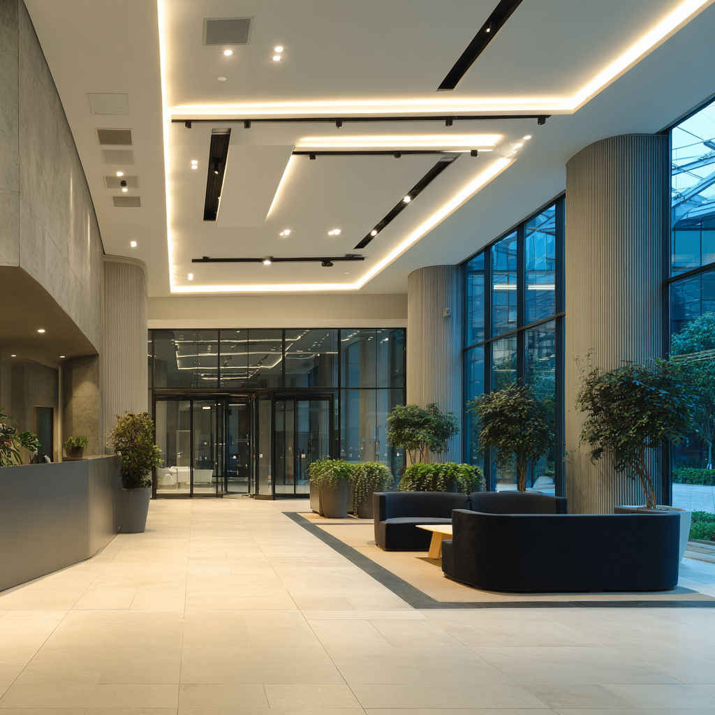 Commercial lobby CAT-A fit-out rewire — three-phase sub-mains and emergency lighting London NICEIC