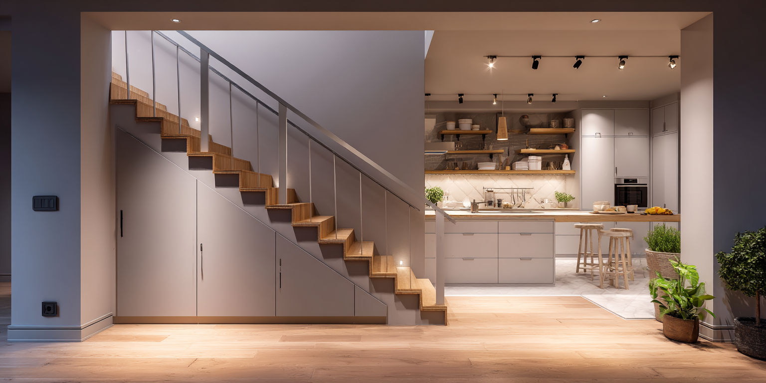 Fire-rated LED downlights in staircase — compliant escape lighting on London rewire BS 7671