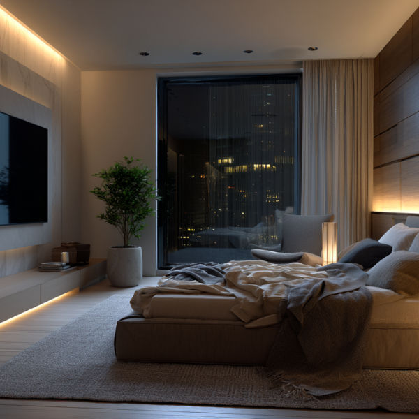 Bedside pendants and cove LED — layered bedroom lighting Chelsea London smart home