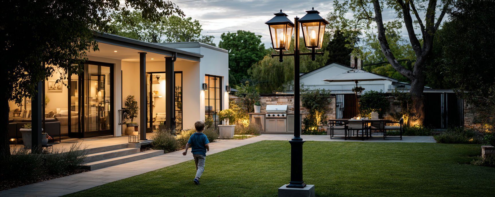 Warm white festoon and wall sconces on patio — outdoor dining lighting Chelsea London electricalworks