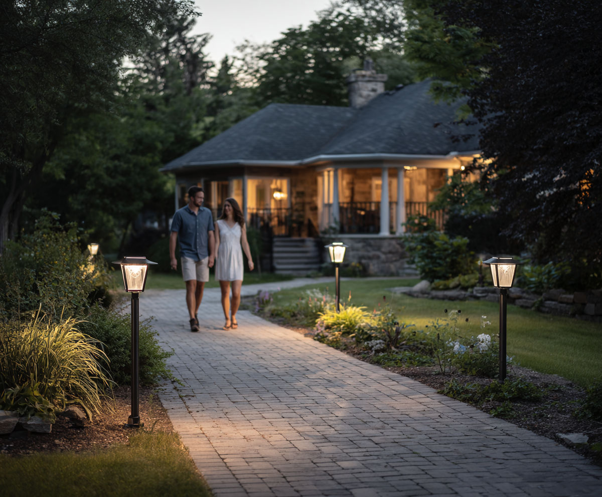 IP65 garden spike lights on pathway - outdoor lighting advice SWA and RCD London NICEIC