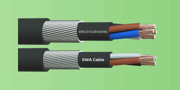Steel wire armoured cable cut section — underground garden supply to outbuildings London BS 7671