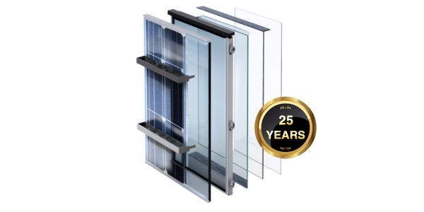 Twenty-five year linear power warranty badge on solar module — manufacturer-backed MCS install London electricalworks