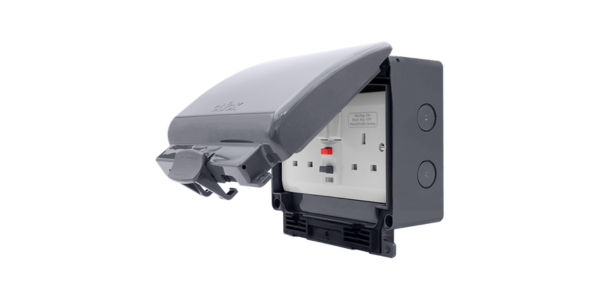A weatherproof IP66 outdoor socket with cover closed