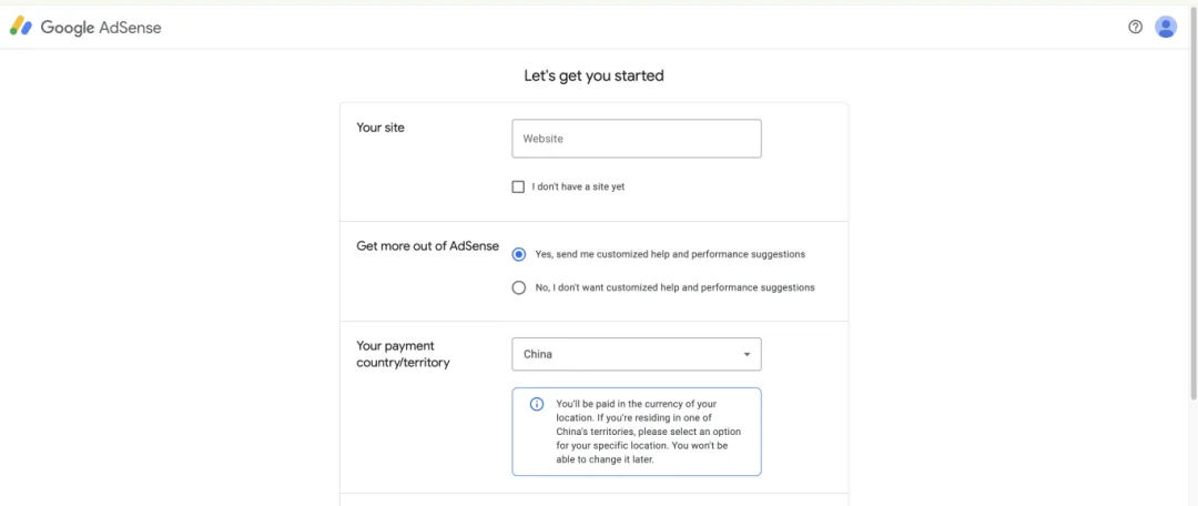 填写网站和国家信息