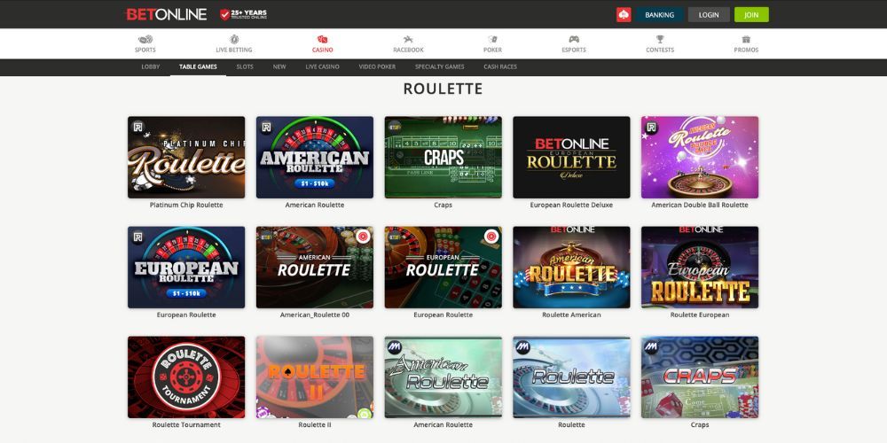 BetOnline's Online Roulette game interface