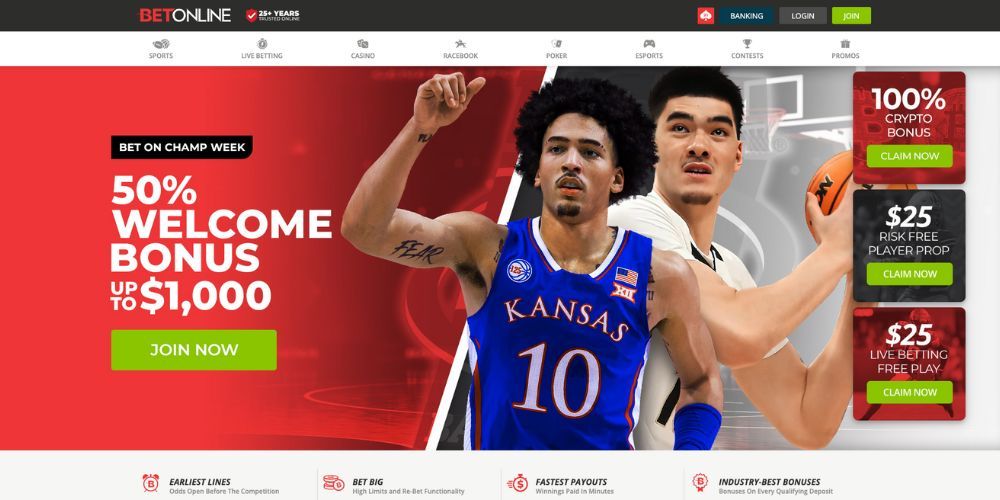 BetOnline website interface displaying sports and casino sections