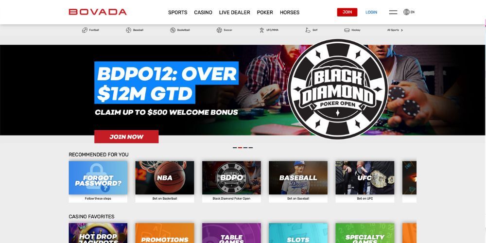 Bovada homepage showing casino and sports betting options