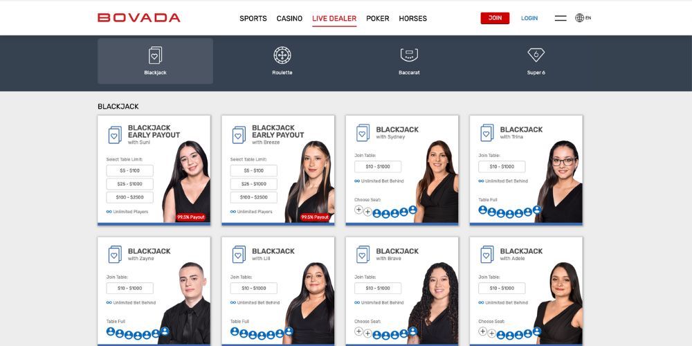 Bovada Live Dealer Casino Lobby