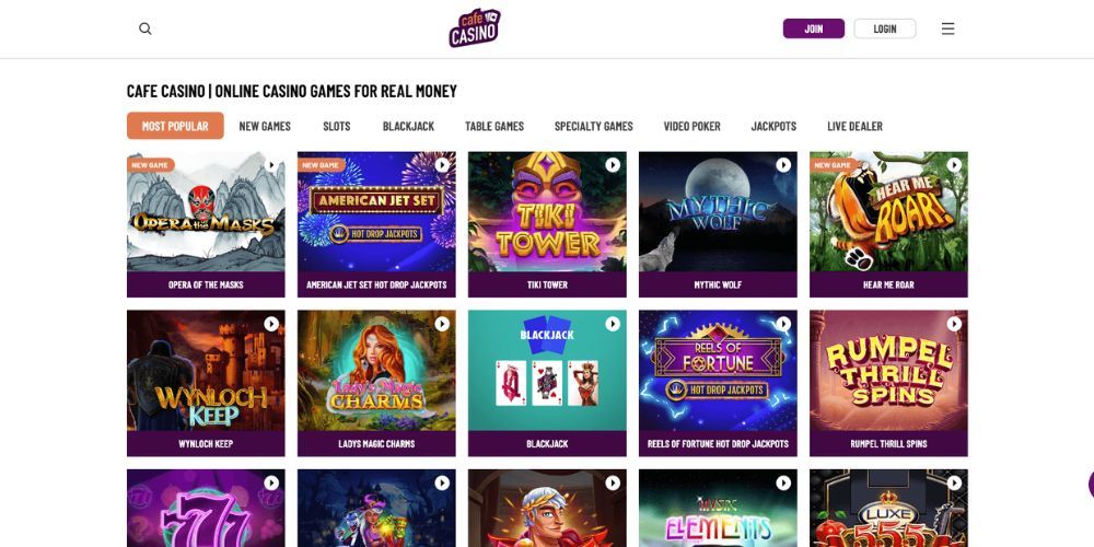 Selection of games at Cafe Casino.