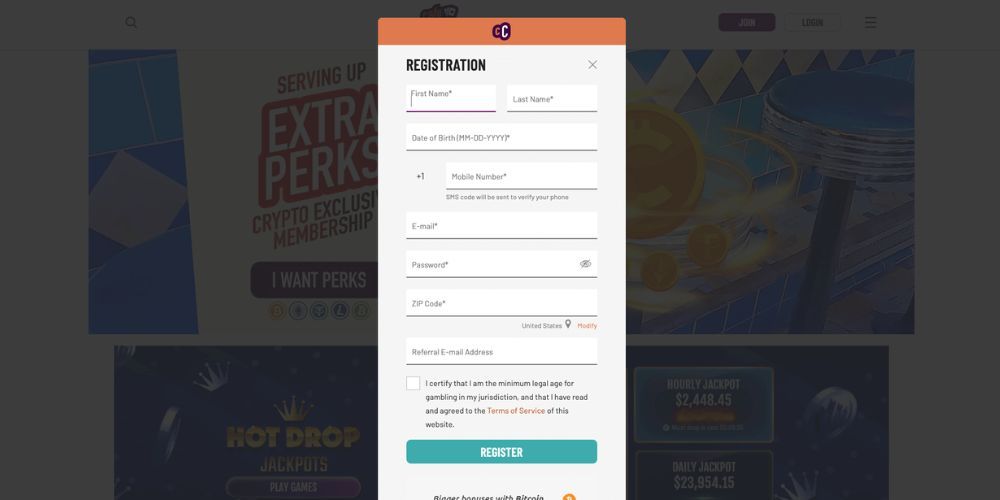 Cafe Casino registration form.