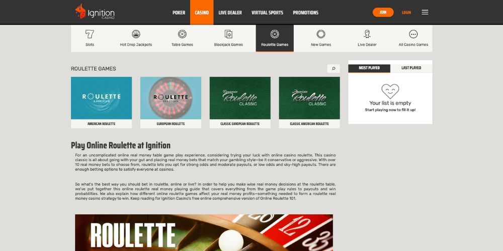 Ignition Casino's online roulette table setup