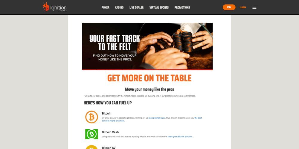 Logos of payment methods accepted at Ignition Casino.