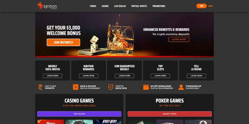 Ignition Casino lobby with featured slot games and promotions