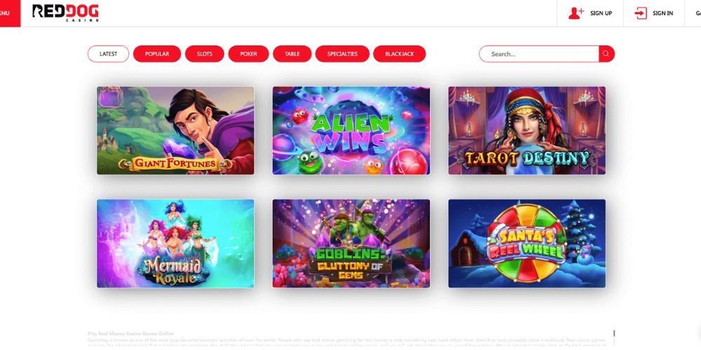 A collage of different casino games available at Red Dog Casino.